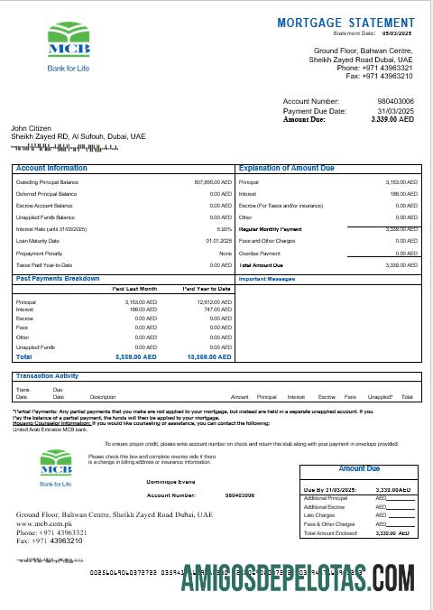 Extrato de hipoteca do banco MCB dos Emirados Árabes Unidos em formatos Word e PDF exemplo real